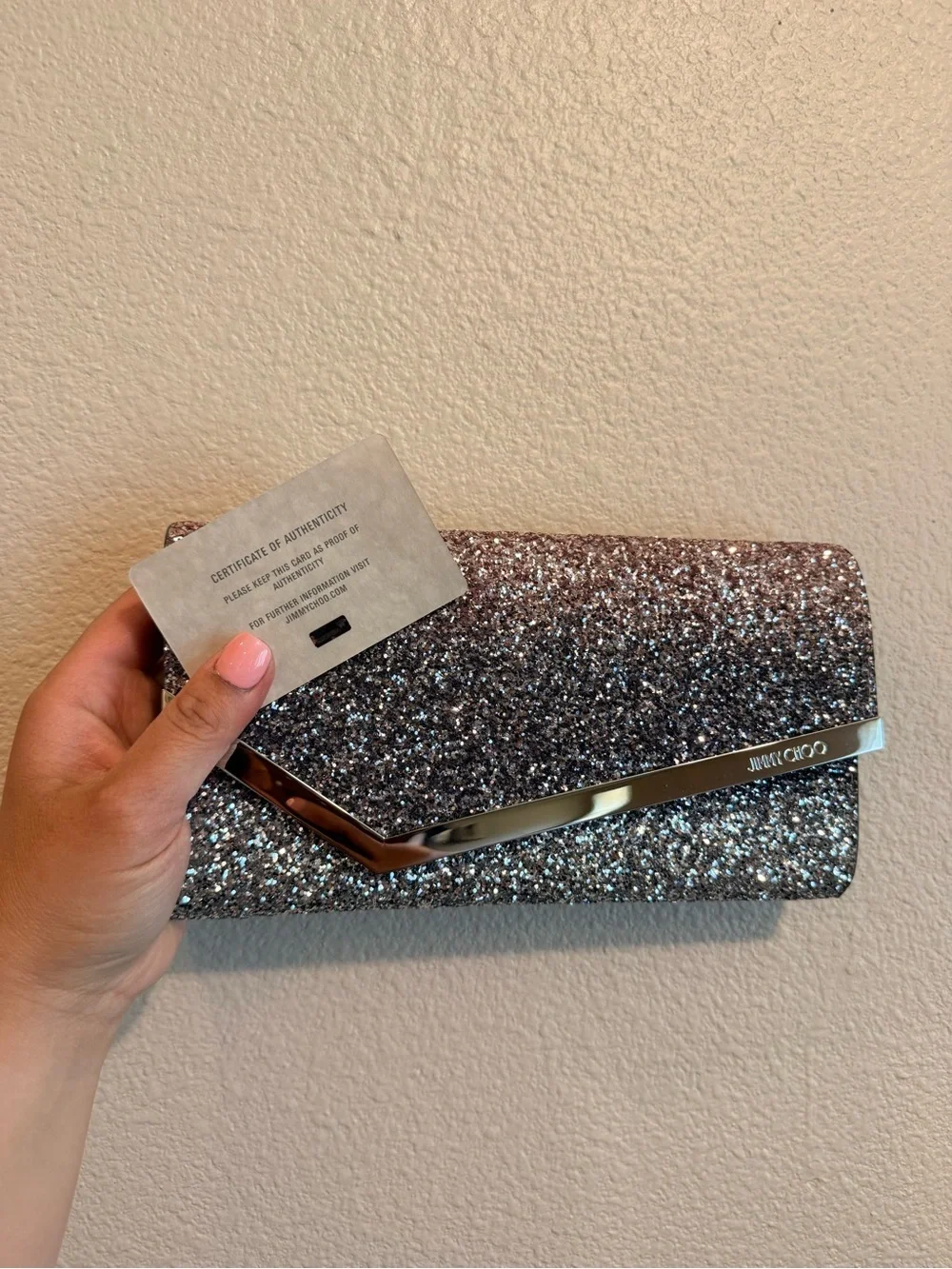 Jimmy Choo Emmie Clutch/ Crossbody Bag in Ballet Pink/ Silver/ Anthracite